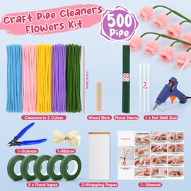 545Pcs Pipe Cleaners for Flowers, Pipe Cleaner Flower Kit with Glue Gun & Flower Tutorial, 8mm Thick Multi-Color Chenille Stems to DIY Pipe Flowers for Mother's Day Gifts & Home Decor