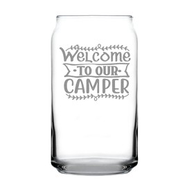 Welcome to Our Camper Can Glass, Hand Engraved 16oz Pint Unique Etched Glass, Ideal for Enthusiasts, Housewarming Present