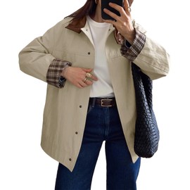 Tankaneo Womens Trench Coat Oversized Fall Barn Jacket Leather Collar Plaid Color Block Windproof Overcoat