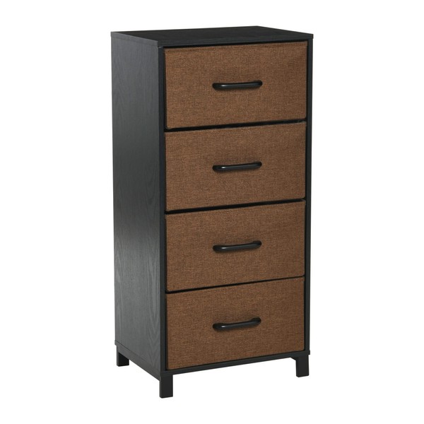 Household Essentials Dresser Tower Chest of Drawers Black Oak Wood Grain with 4 Brown Strorage Drawers