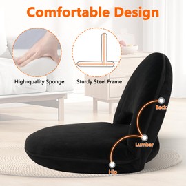 KLASIKA Adjustable Floor Chair with Back Support, Foldable Portable Lounge Seat Reclining Cushioned Seating for Meditation Gaming Reading Watching TV Stadium Bleacher Beach, Black, 1pk