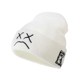 HDBHBH Embroidered Beanie Hat with Anime Sad Face Design - Soft Winter Knitted Beanies for Men, Women | Emo Fashion Accessories | Warm Clothing Cap for Hip Hop Style | Autumn Clothing Essentials
