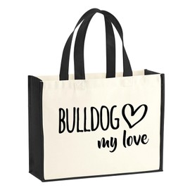 huuraa Bulldog My Love Shopper Jute Bag Black 21 Litres with Motif for Dog Lovers Gift Idea for Friends and Family, black