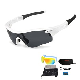 Sports Sunglasses Cycling Glasses Sports Glasses with UV400 5 Interchangeable Lenses Including Black Polarised Lens for Outdoor Activities such as Cycling Running Climbing Driving Running Fishing Golf Unisex, white