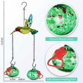 Hand Blown Glass Hummingbird Feeder–Unique Hummingbird Feeders for Outdoors Hanging with Hummingbird Orament and Upgraded Sturdy Iron Chains,Hand-Painted Art for Garden Yard Decor(Green)