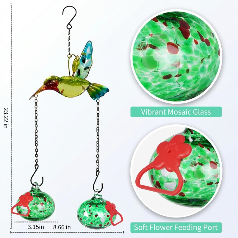 Hand Blown Glass Hummingbird Feeder–Unique Hummingbird Feeders for Outdoors Hanging