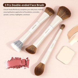 MAANGE 7PCS Brochas para Maquillaje de Doble Punta Profesional Premium, Juego de Brochas de Maquillaje con Bolsa de Cosméticos y Caja de Regalo para Pulir Líquidos,Polvos,Difuminar y Contornear - Blanco