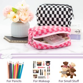 PAZIMIIK Checkered Makeup Bag for Purse Portable Zipper Make Up Pouch Small Cosmetic Case for Travel Accessories (2PCS Hotpink Light Green)
