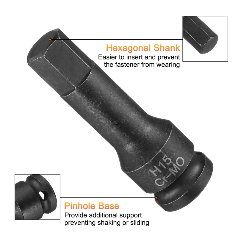 sourcing map 15mm Hex Impact Bit Socket H15 1/2" CR-MO