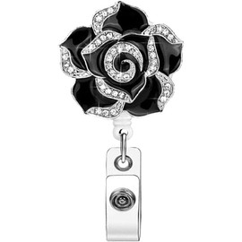 2Pcs Black Retractable Flower Badge Holder, Luxury Rose Flower Diamond Badge Reel with Alligator Clip, Glitter Rose ID Card Badge Reel for Nurse, Identification Badges and Supplies