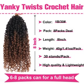 Unionbeauty 8 Inch Pre-looped Yanky Twist Crochet Hair 8Packs 30 Strands/PCS Pre-twisted Passion Twist Crochet Hair Micro Spring Twist Crochet Hair Ombre Brown Synthetic Crochet Hair Extensions 1B/30#