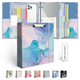 2 Inch 3 Ring Binder Organizer with Clipboard, 5-Tab Pockets Dividers, Transparent Folder, 18 Divider Stikers, BVSSX Decorative Three Ring Binder with Pen Loop, Elastic Strap (Blue Marble,Letter Size)