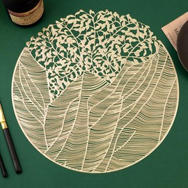 Hosoncovy Decorative Placemats Set of 4 PVC Placemats Hollow Leaf Dining Table Place Mats Heat Resistant Non-slip Dining Placemats Reusable Table Mats for Home Kitchen Wedding (Gold)