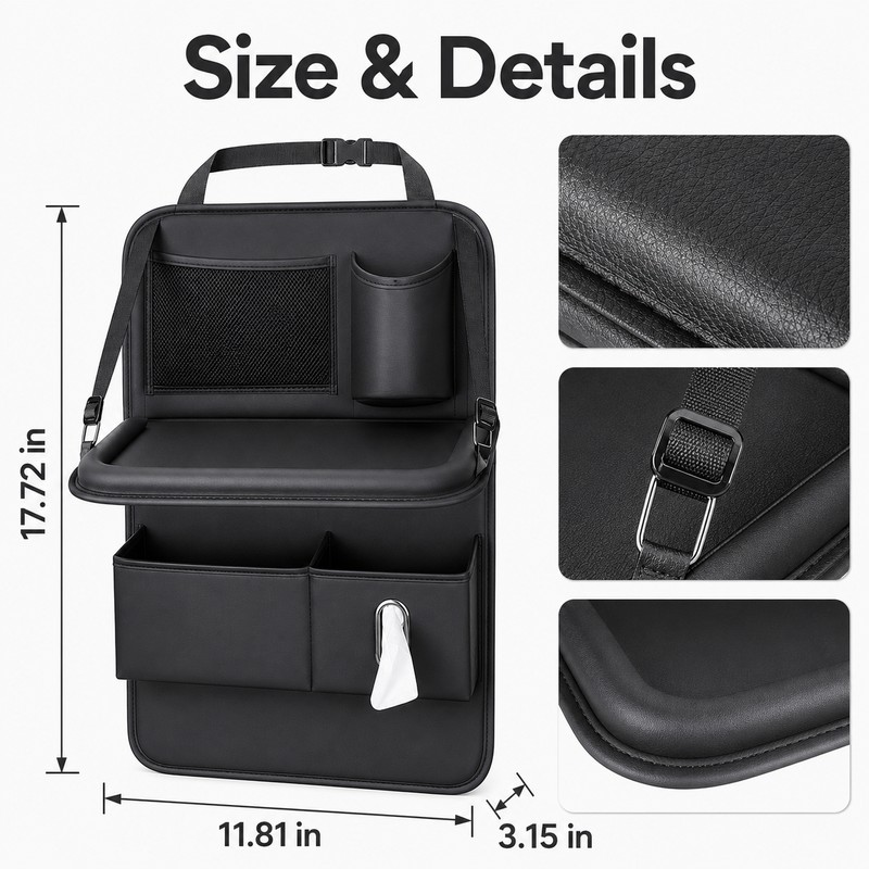 Foldable Leather Car Seat Back Organizer With Table for Rear-Seat