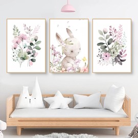 Children's Room Pictures, Set of 3, Rabbit and Leaf Flower Pictures, Wall Pictures, Decorative Rabbit Pictures, Children's Room, Girls and Boys, Baby Room Decoration, Without Frame (30 x 40 cm)