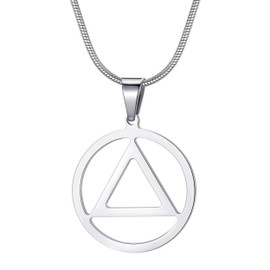 MOO&LEE Sobriety Necklace for Men AA Recovery Triangle Pendant Necklace 22 Inch Stainless Steel Snake Chain for Men, Silver