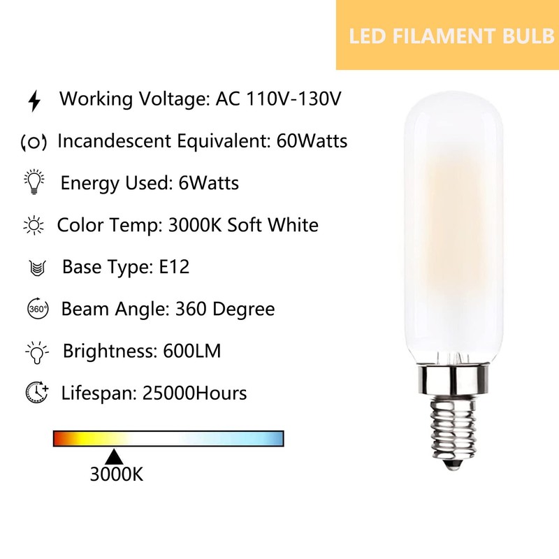 T6 Edison Bulb 60W/6W 3000K Soft White Modern Chandelier Bulbs,