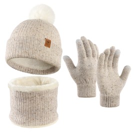 OZERO Warm Winter Hat and Gloves Scarf Set, Beanie Hat Winter Gloves Fleece Lining Boys / Girls, beige