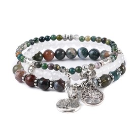 YGLINE Natural Semi Precious Gemstone Beads Bracelet for Women - Tree of Life and Leaf Charm Energy Healing Reiki Crystal Stretch Bracelets