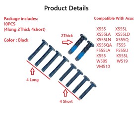HSSDTECH 10PCS Lower Bottom Screws for Asus X555 X555L X555LA X555LD X555LN X555Q X555QA F555 F555LA F555U K555 K555L W509 W519 VM510 (4long 2Thick 4short) Black Laptop Base Cover Case Screws