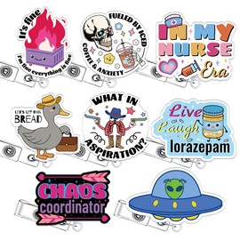 8 Pcs Funny Nurse Retractable Badge Reel Accessories Bulk Nursing Healthcare Medical Cute Fun Badge Holder Dumpster Fire Silly Goose Xray Alien Doctor Social Worker Badge Clip RN CNA ID Card Gifts