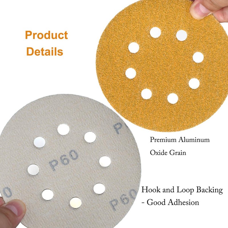 Aiyard 5-Inch 8-Hole Hook and Loop Sanding Discs 60-Grit Random