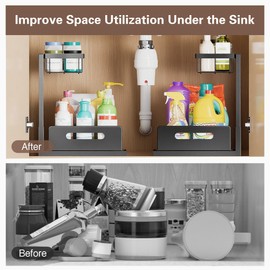 VUSIGN Under the Sink Organizer, 2-Tier Pull Out Cabinet Organizer, Metal Slide Out Storage for Bathroom Kitchen, 1Pack, Black