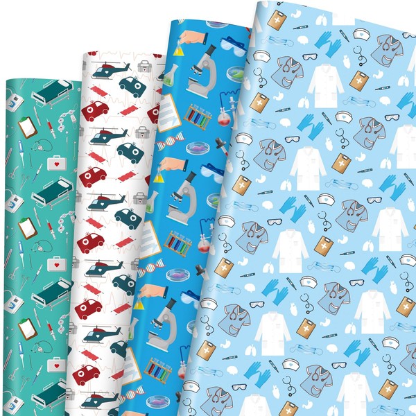 12 Sheets Medical Wrapping Paper-Ambulances & Stethoscopes Design, Medicine Theme