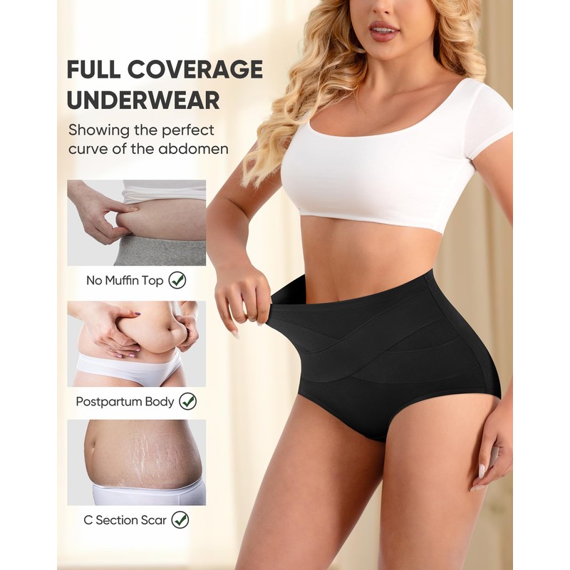 YDQ Womens High Waisted Cotton Underwear 4 Pack Tummy Control