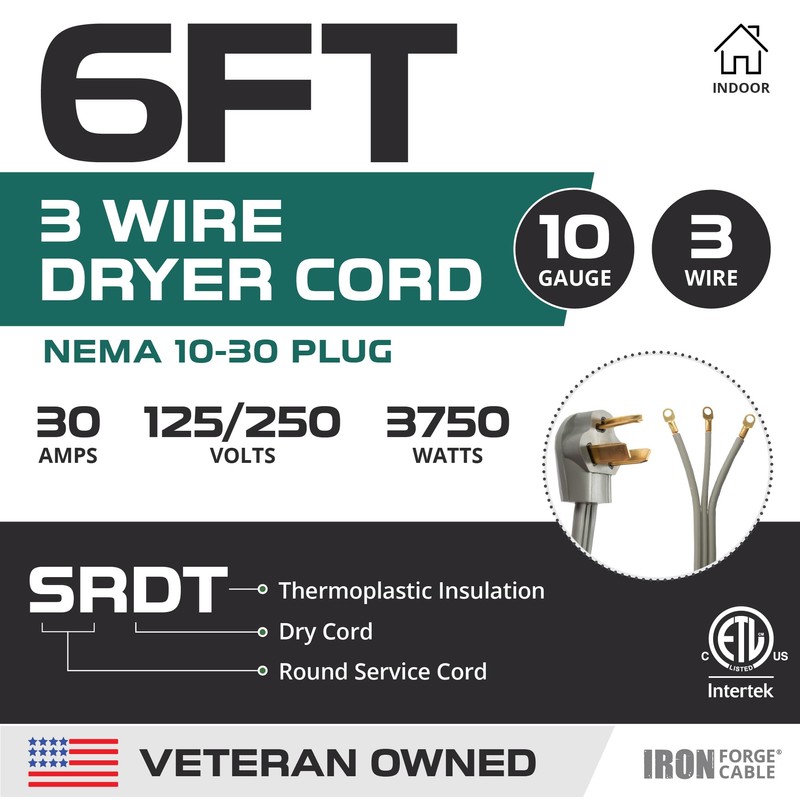Iron Forge Cable 3 Prong Dryer Extension Cord 6 Ft,