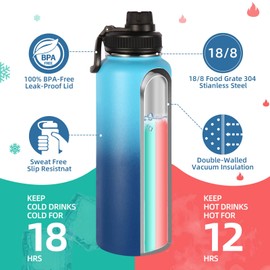 Volhoply 40 oz Insulated Water Bottles Paracord Handle, Stainless Steel Sports Bottle with Spout Lid,Vacuum Metal Travel Water Cups with Wide Mouth,Reusable Water jug for Hiking(Green Blue,1 Set)