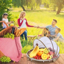 Picnic Mesh Food Covers Tent, Round Food Basket Covered Serving Food Tent Basket Hand Woven with Mesh Cover (30cm)
