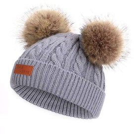 Martin Kench Winter Hat Knitted Hat Fur Bobble Knitted Hat Bobble Hat with 2 Bobbles Hat for Baby Girls Boys, gray