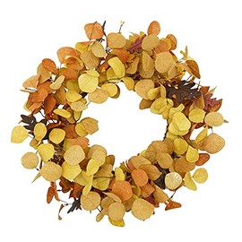 AMF0RESJ Artificial Fall Wreath for Front Door Autumn Eucalyptus Wreath with Orange Eucalyptus Leaves,Woodern Oak Leaves for Farmhouse Indoor Outdoor Window Wall Door Home Decor,Gift Box Included