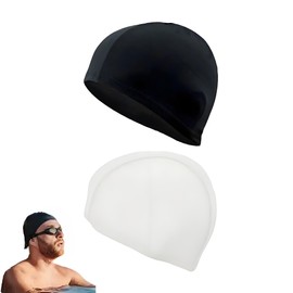 MHSKNHW Swim Cap, Swimming Cap, For Adults, Long Hair, Quick Drying, Waterproof, UV Protection, Unisex, High Elasticity, One Size Fits Most, Black, White, For Pools, Hot Springs, Beach, Set of 2