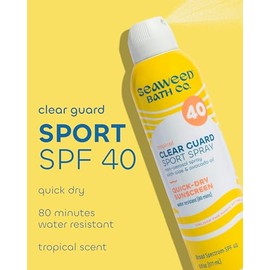 Seaweed Bath Co. Clear Guard SPF 40 Sport - Protector solar de amplio espectro, secado rápido, espray alimentado por aire, aroma tropical natural, con