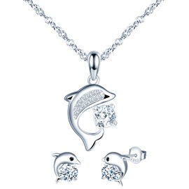 MICMIF Zirconia Dolphin Jewellery Set Silver 925 for Women Girls: Dolphin Stud Earrings and Chain with Dolphin Pendant - Ocean Theme Jewellery for Girlfriend Wife Mother, Sterling Silver Gemstone,