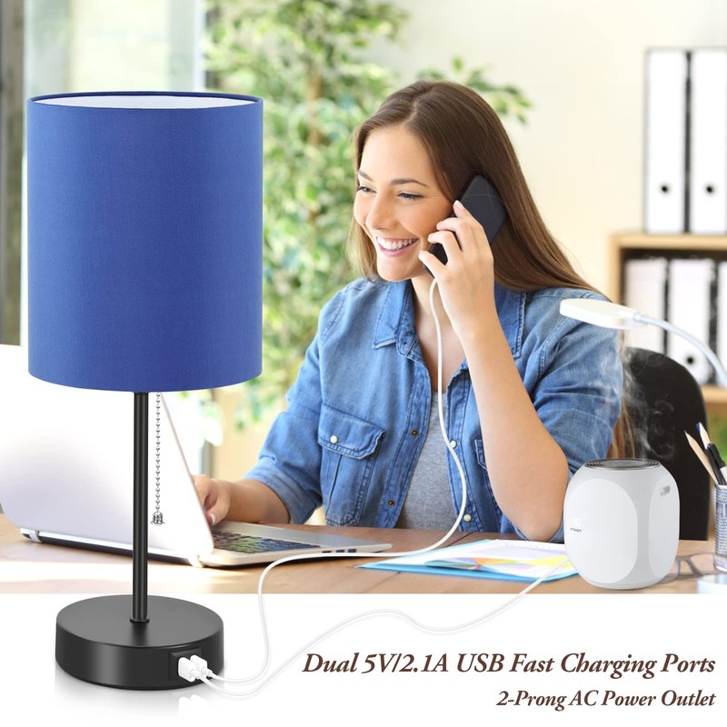 Table Lamps Set of 2 with USB Charging Ports, Blue
