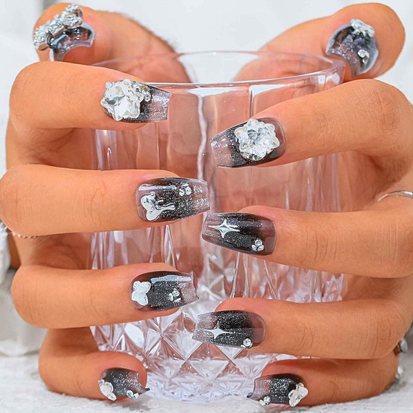 Sethexy Black Gradient Rhinestone Handmade Artificial Nail 3D Crystal Medium