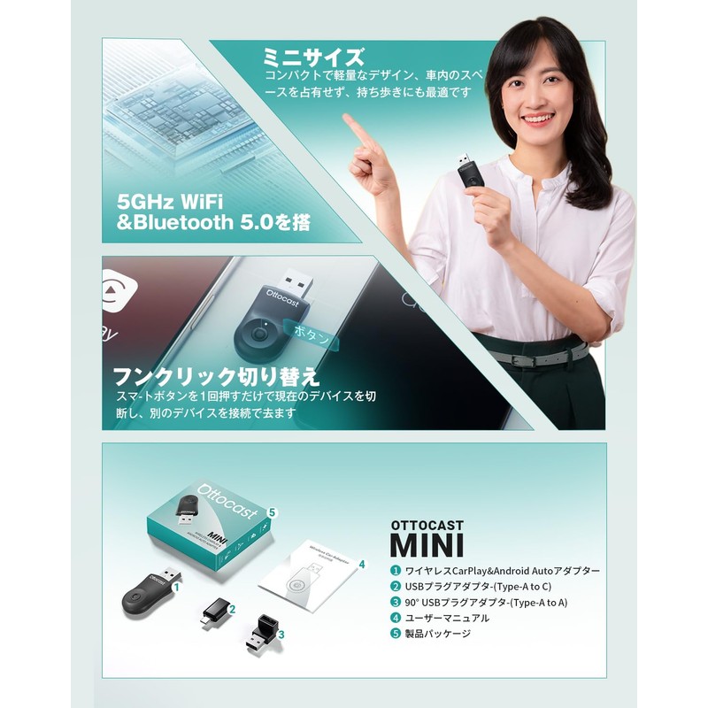 OTTOCAST MINI (2025 New) CarPlay & Android Auto Wireless Adapter,