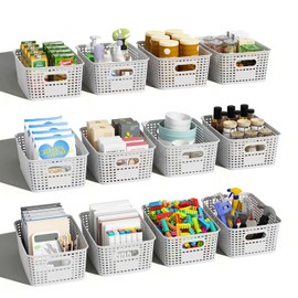 Plastic Storage Basket for Organizing 12 Pack Small Storage Bins Container for Shelves, White Shelf Baskets with Handles for Organization