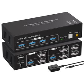 ATLAHET 8K Displayport KVM Switch 2 Monitors 2 Computers 8K@60Hz 4K@120Hz Dual Monitor USB 3.0 KVM Switches for 4 USB Devices, Wired Extension Button,12V DC Adapter and Two USB3.0 Cables