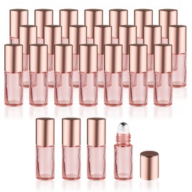 Mirrline 25 Pcs 0.17oz/5ml Essential Oil Roller Bottles Glass Roller Bottles Empty Cosmetic Vials Containers with Stainless Steel Roller Balls for Travel - Rose Gold Lid