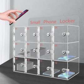 SHIOUCY Desktop & Wall Mounted 12-Grid Clear Cell Phone Holder Desktop Organizer Moblie Phone Storage Box with Door Locks and Keys for Classroom Office,Shool,Office