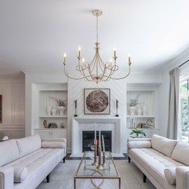 Afirstcght Modern Brushed Nickel Chandelier, 6-Lights Candle Dining Room Light Fixture 36.6in Farmhouse Chandeliers Metal Pendant Lights for Living Room Bedroom Entryway Kitchen Island