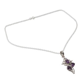 NOVICA Artisan Handmade Amethyst Cross Pendant Necklace Silver with Rhodium Plating Sterling Plated Purple India Orchid Leaf Tree Religious Birthstone [18 in L 1 mm W Pendant(s) 1.6 in L x 0.7 in W X]