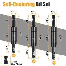 Apopip CC2430 Self Centering Drill Bit Assorted Set Fit for # 6 8 10, Spring Loaded 3-Piece Clic-Change 1/4 in Hex Shank for Fast Bit Changes 3/32", 7/64", 1/8"