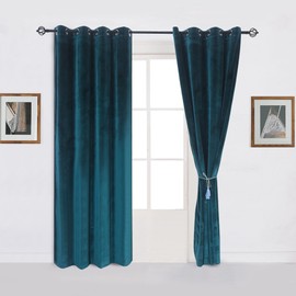 Cherry Home Super Soft Luxury Room Darkening VelvetDark Green Blackout Energy Efficient Grommet Curtain Panel Drapes Peacock Blue 52Wx84L,2 Panels
