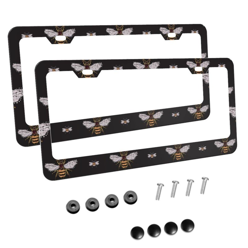 Delerain Funny Honey Bee 2Pcs License Plate Frame, Aluminum Metal