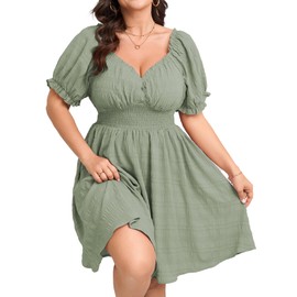 SCOMCHIC Womens Plus Size Summer Dresses Casual Sun Dress Sweetheart V Neck Puff Short Sleeve Smocked A Line Mini Dress Mint Green